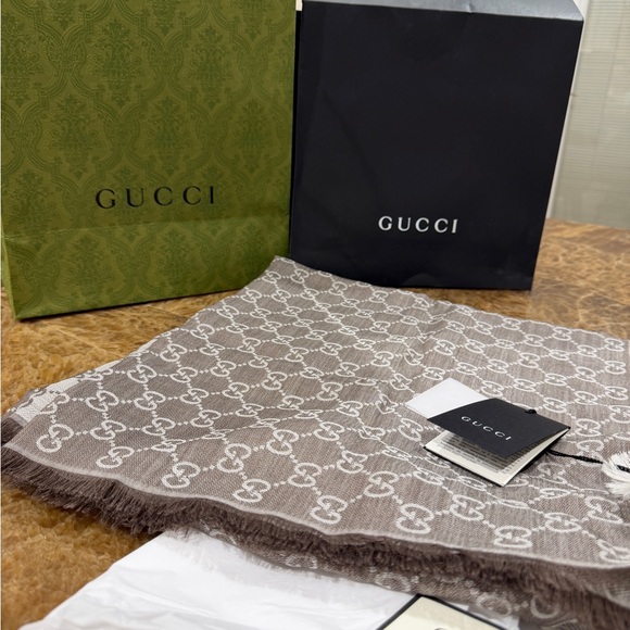 Gucci Taupe and Ivory Logo Scarf